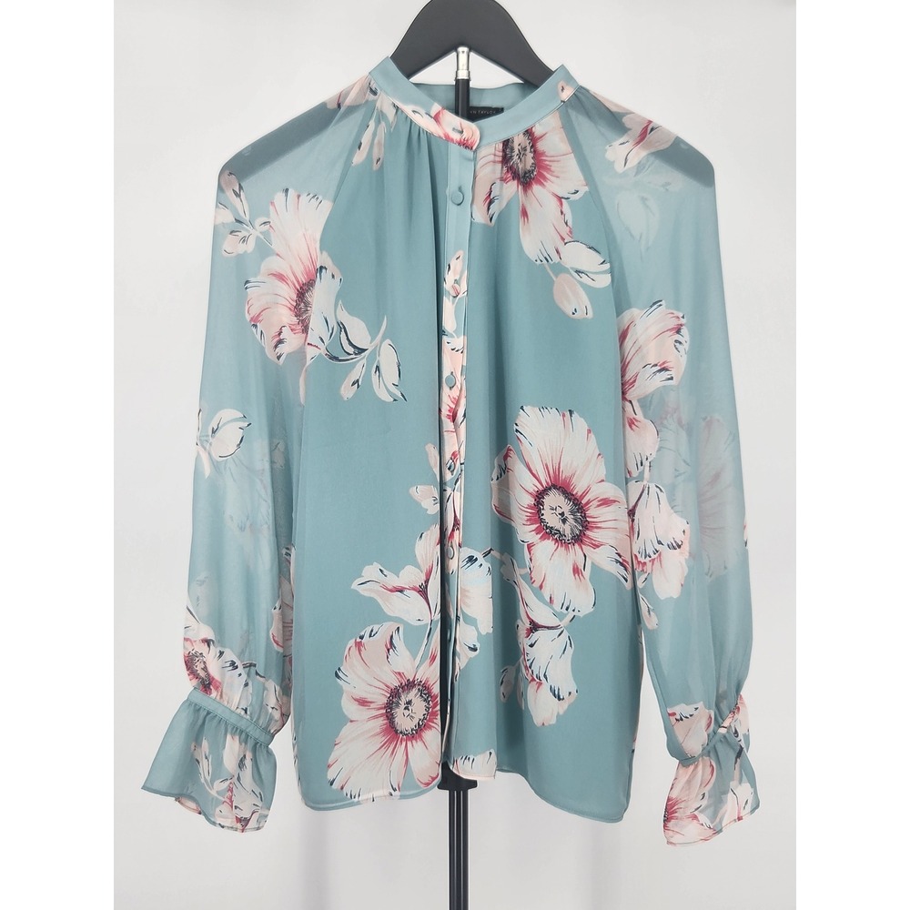 Ann Taylor Floral Chiffon Blouse Sage Green Pink Ruffle Cuff Button Down Small